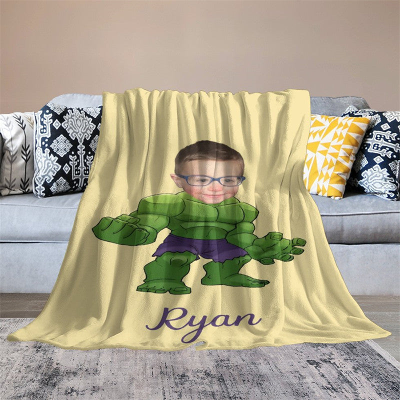 Personalized Green Man Yellow Blanket With Photo