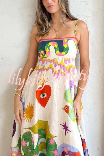 Feel Effortlessly Linen Blend Unique Print Smocked Back Pocketed Midi Dress