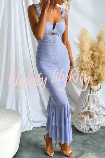 Solid Color High Waist Pleated Mermaid Dress