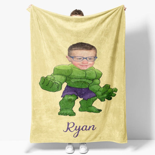 Personalized Green Man Yellow Blanket With Photo