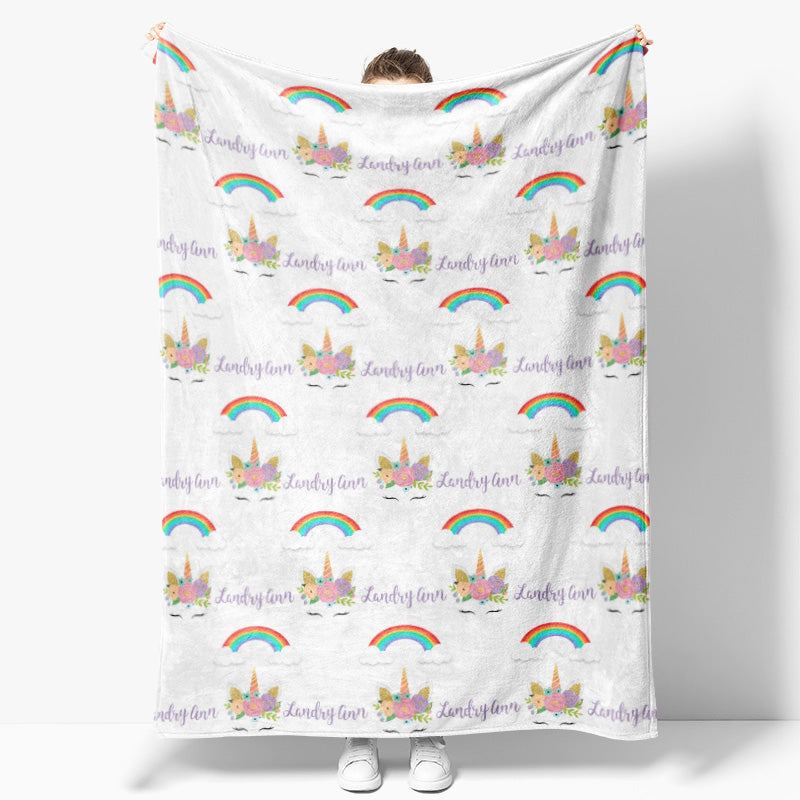 Personalized Name Girls Blanket With Unicorn Rainbow