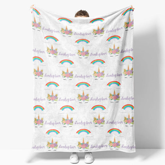 Personalized Name Girls Blanket With Unicorn Rainbow