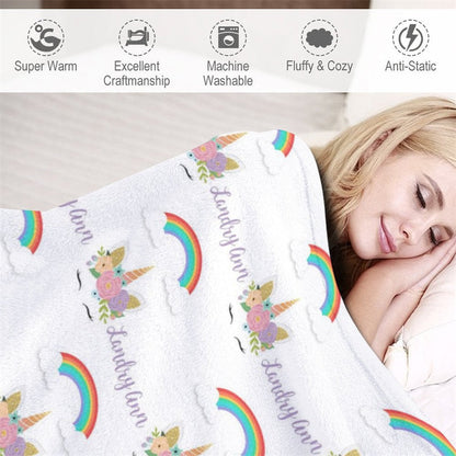 Personalized Name Girls Blanket With Unicorn Rainbow