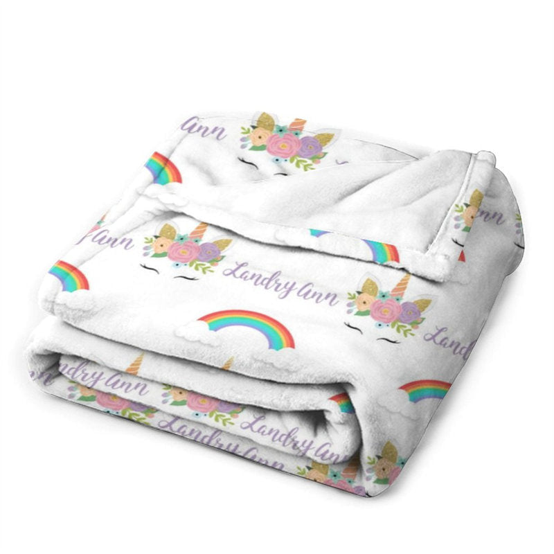 Personalized Name Girls Blanket With Unicorn Rainbow