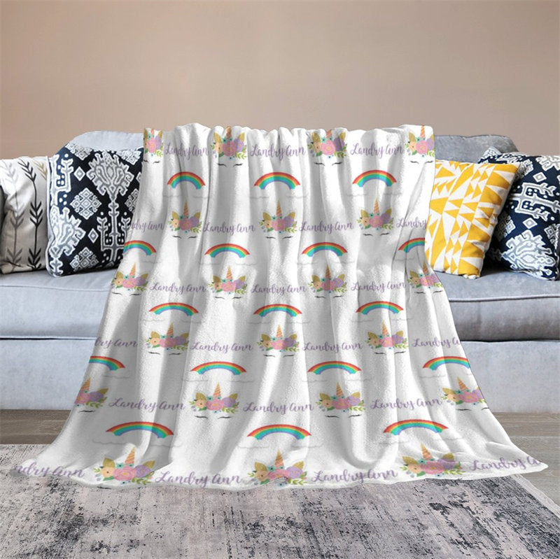 Personalized Name Girls Blanket With Unicorn Rainbow