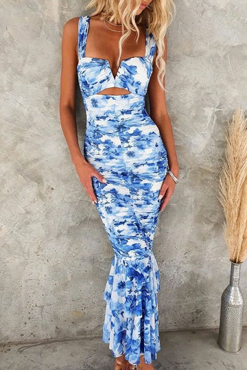 Styled To Perfection Floral Ruched Mesh Overlay Ruffle Hem Maxi Dress
