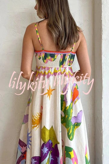 Feel Effortlessly Linen Blend Unique Print Smocked Back Pocketed Midi Dress