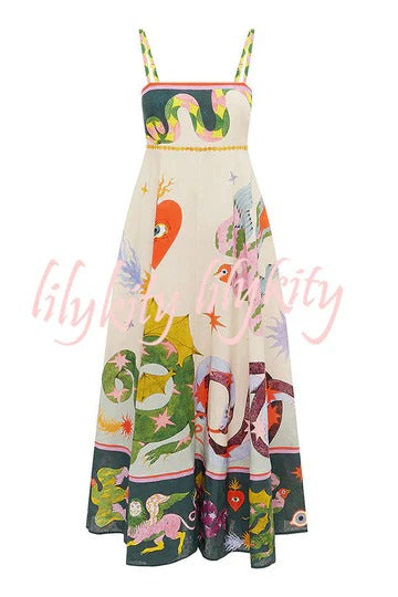 Feel Effortlessly Linen Blend Unique Print Smocked Back Pocketed Midi Dress