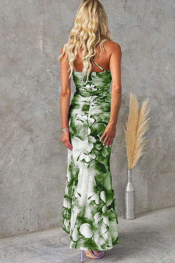 Deja Mesh Overlay Floral Print One Shoulder Ruched Stretch Maxi Dress
