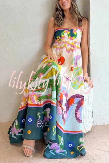 Feel Effortlessly Linen Blend Unique Print Smocked Back Pocketed Midi Dress
