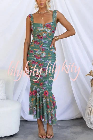 Styled To Perfection Floral Ruched Mesh Overlay Ruffle Hem Maxi Dress