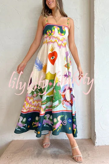 Feel Effortlessly Linen Blend Unique Print Smocked Back Pocketed Midi Dress